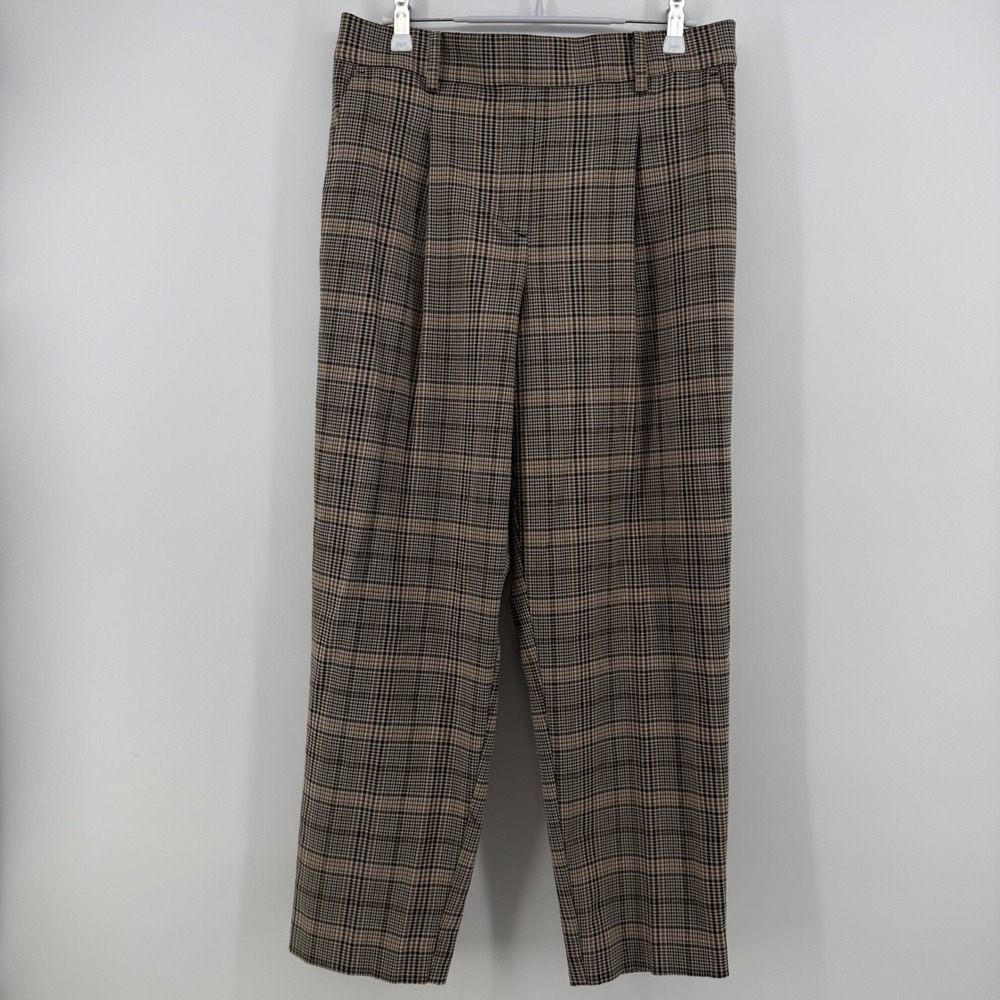 Loft Womens Brown Plaid Metallic Gold Pleated Pull On Tapered Pants Size Medium